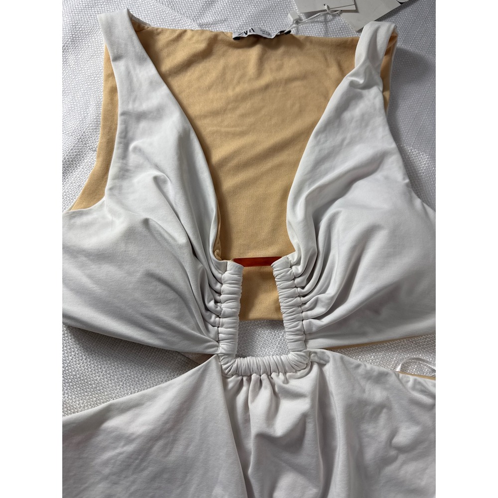 Zara White Cutout Monokini One Piece Swimsuit Ruched V-Neck 2910/210 Small NEW - Picture 4 of 7